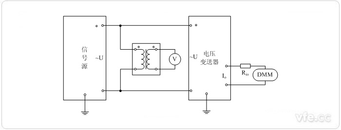 電流輸出型電壓變送器(電壓互感器擴(kuò)展標(biāo)準(zhǔn)表量程) 電壓校準(zhǔn)接線圖 電流輸出型電壓變送器(電壓互感器擴(kuò)展標(biāo)準(zhǔn)表量程) 電壓校準(zhǔn)接線圖